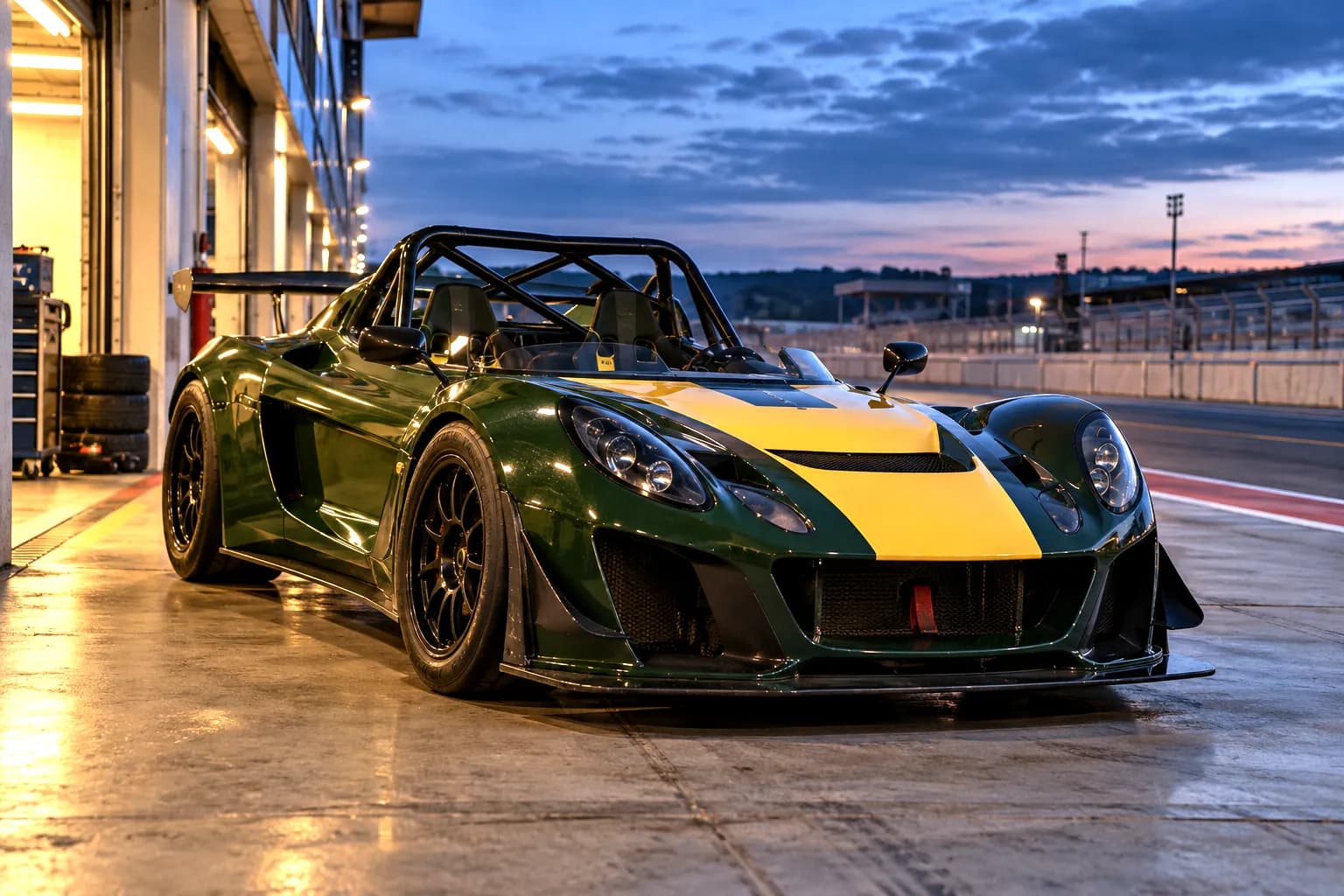 British mid-engine racer at dusk