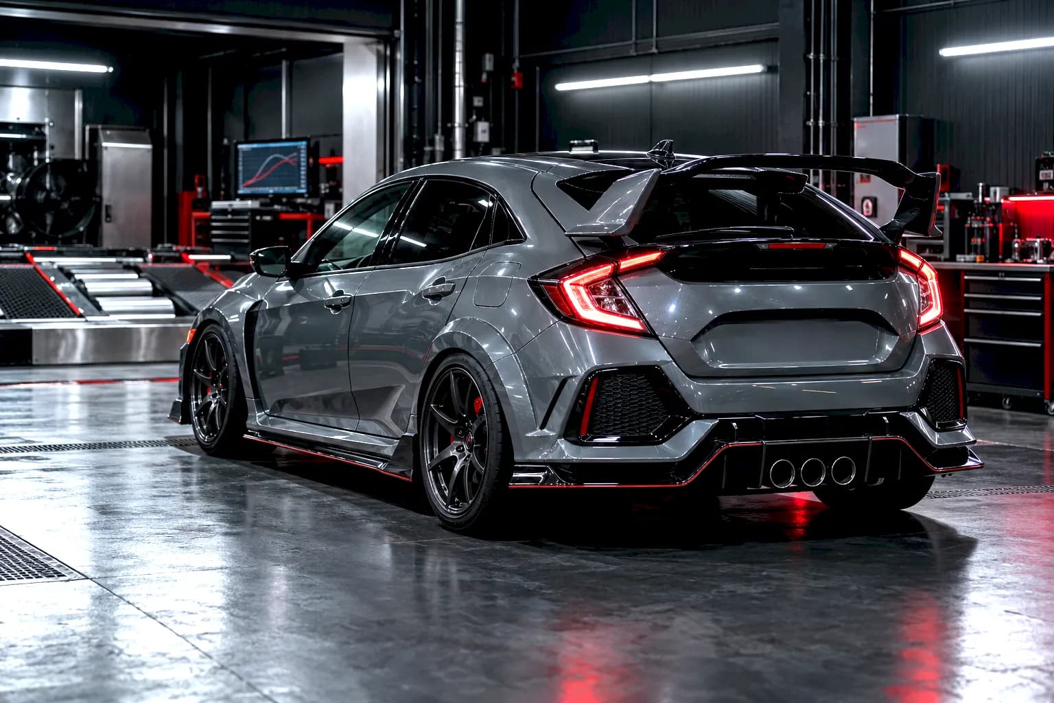 Winged hatchback at the dyno